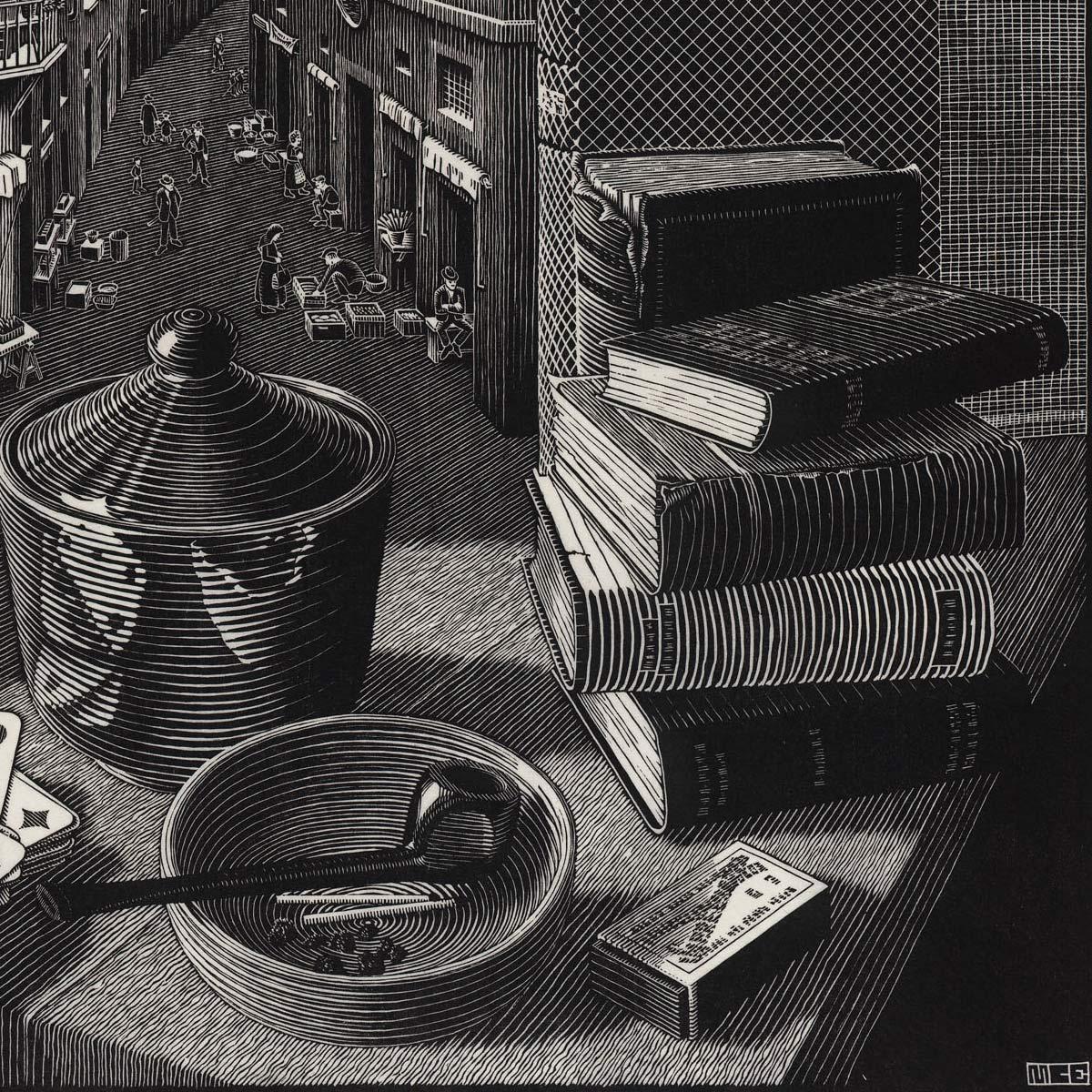 M.C. Escher, Stilleven en straat, houtsnede, maart 1937 (detail)