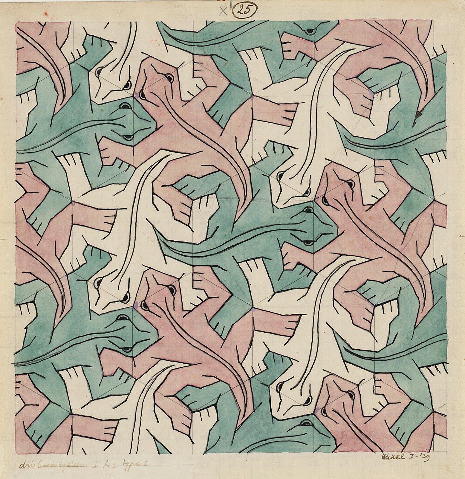 <p>Regelmatige vlakverdeling met hagedissen, nr. 25, waterverf en potlood op papier, januari 1939</p>