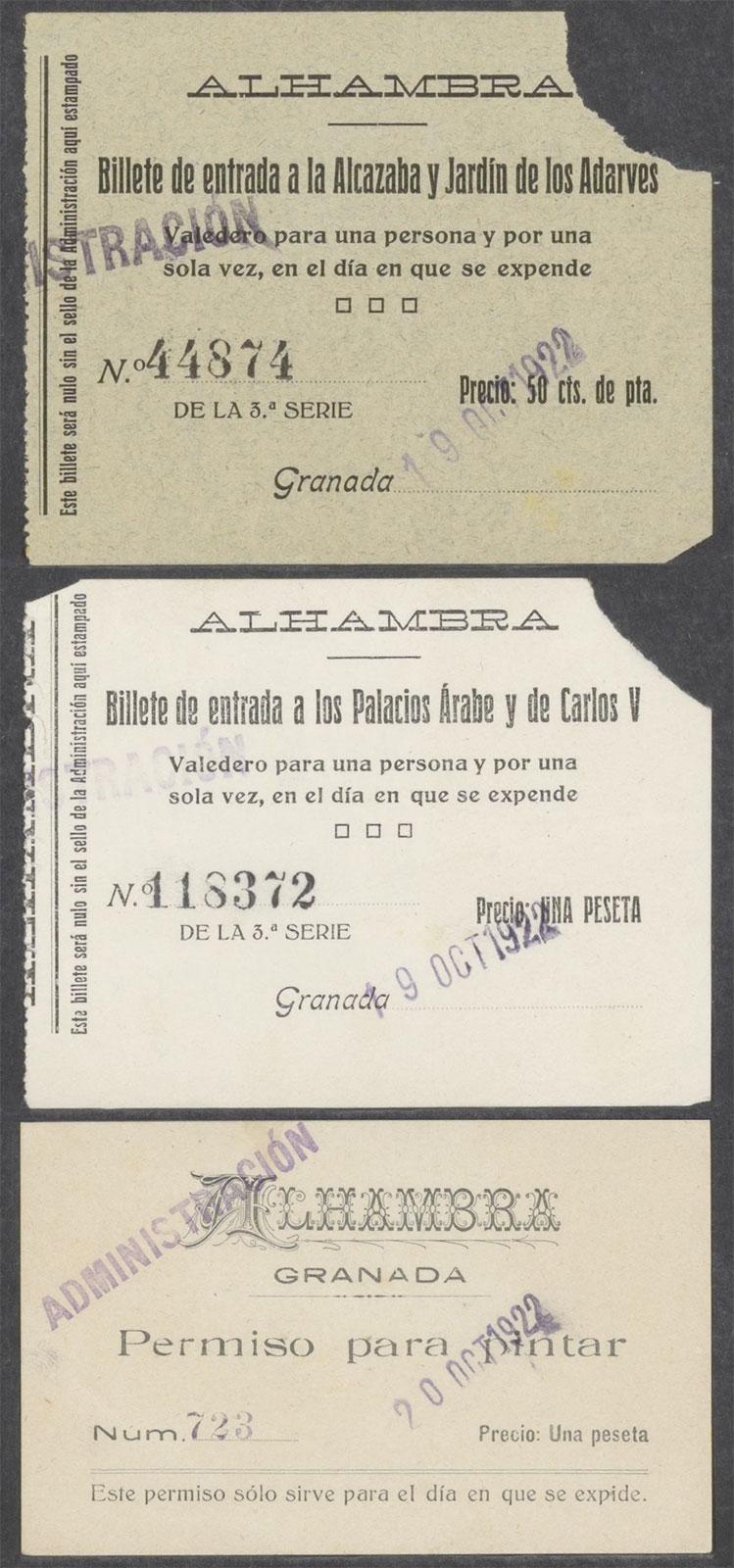 <p>The admission tickets for the first visits to the Alhambra, 19 and 20 October 1922</p>