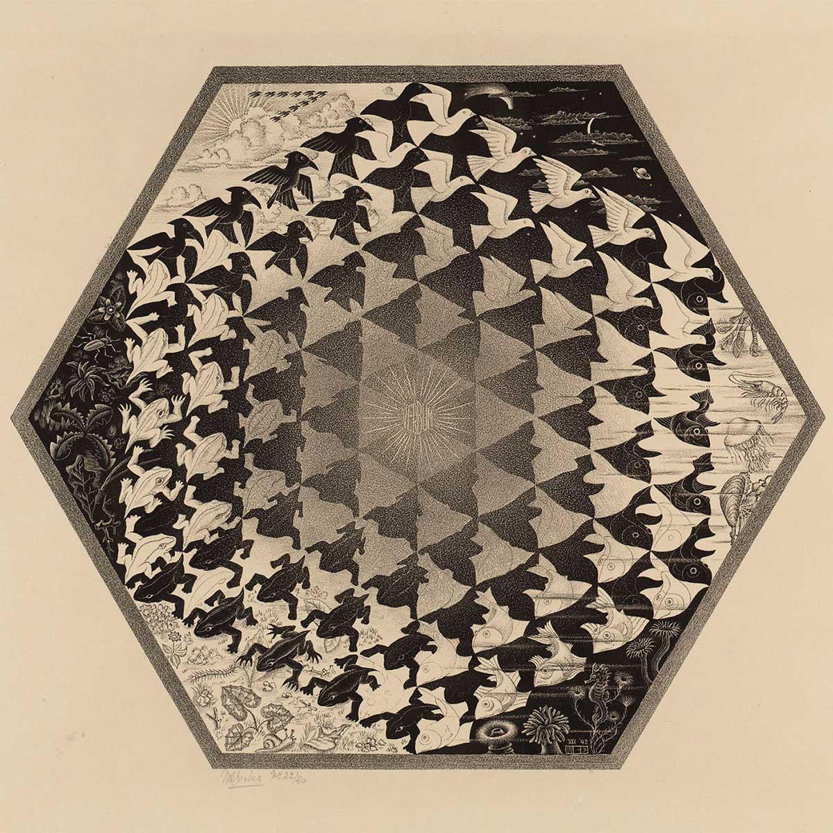 M.C. Escher, Verbum (Aarde, lucht en water), litho, tweede staat, juli 1942