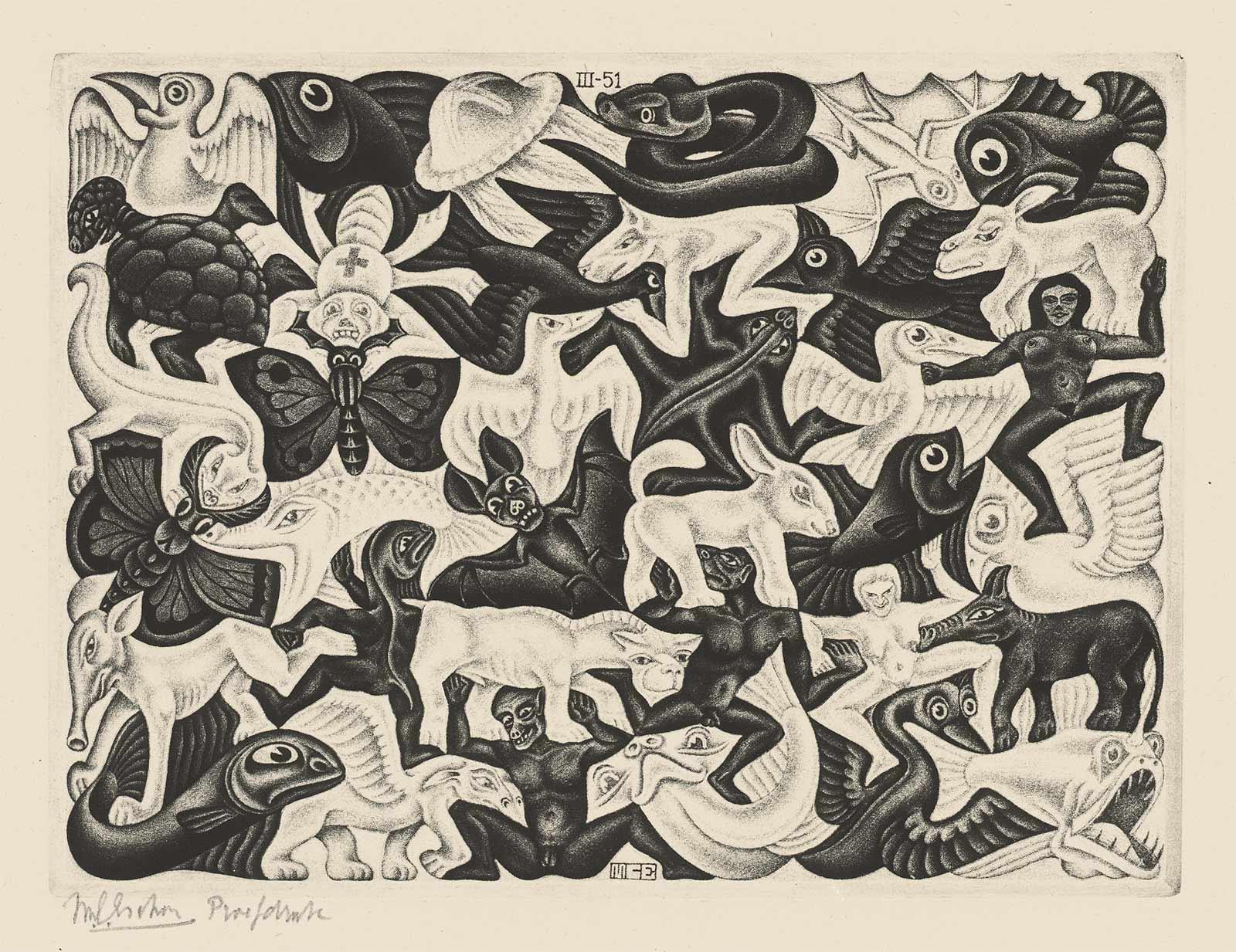 M.C. Escher, Vlakvulling I, mezzotint (proefdruk), maart 1951