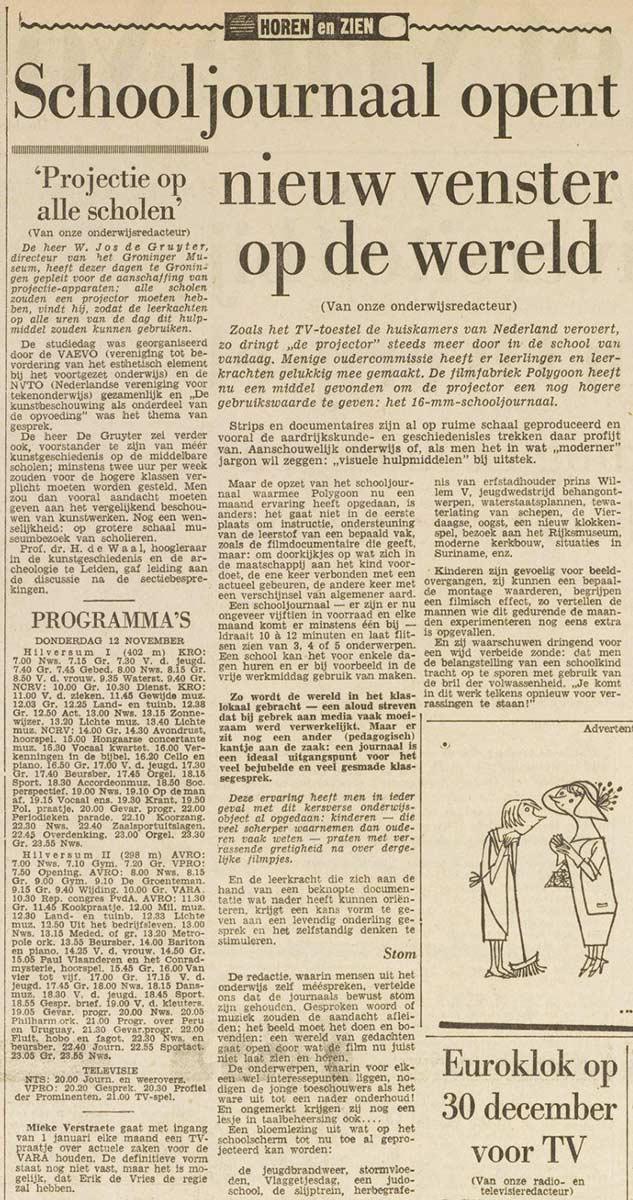 Artikel in het Vrije Volk (11 november 1959) over de komst van de projector op scholen
