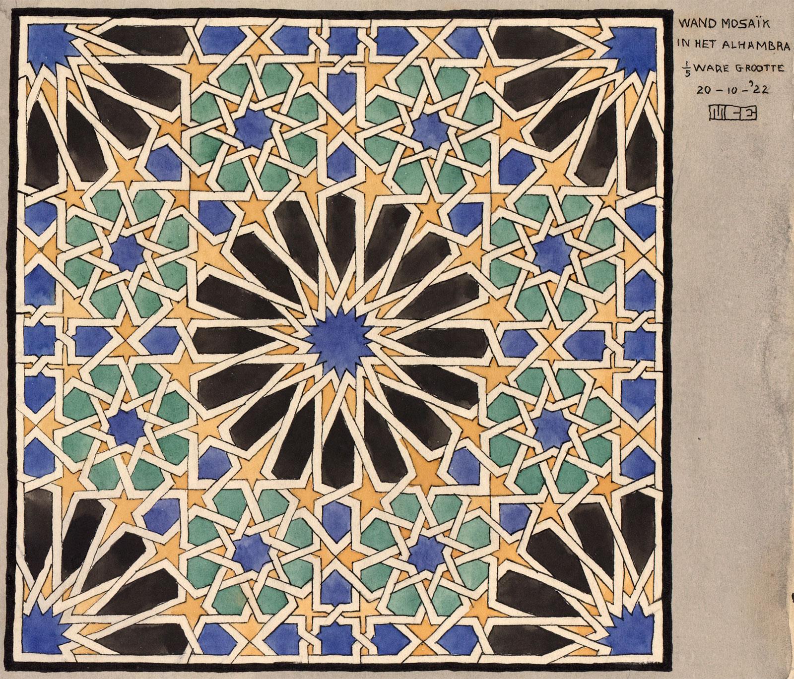 <p>M.C. Escher, Wandmozaïek in het Alhambra, aquarelverf en inkt op papier, 20 oktober 1922</p>