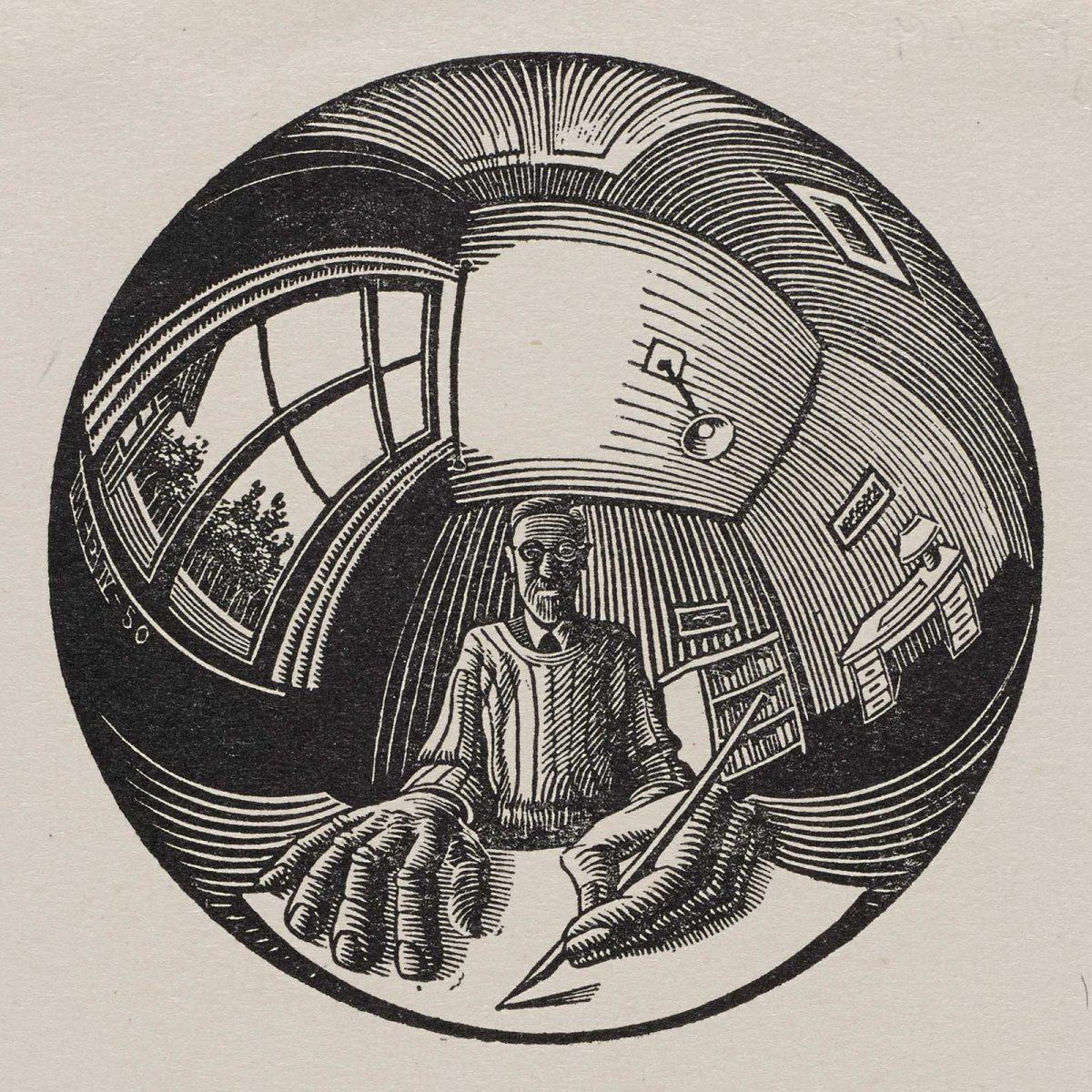M.C. Escher, Zelfportret in bolspiegel, houtsnede, april 1950