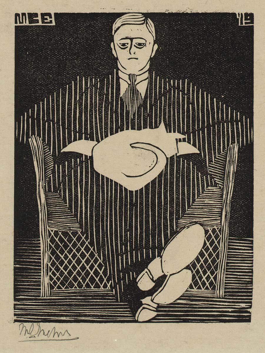 M.C. Escher, Seated Man with a Cat on his Lap, woodcut, 1919