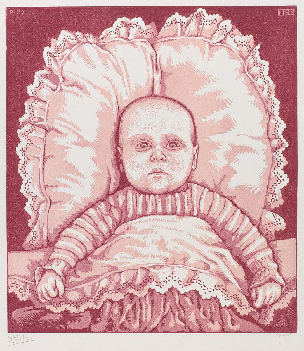 M.C. Escher, Zuigeling (Arthur E. Escher), houtsnede in roodbruin en twee tinten roze, gedrukt van drie blokken, februari 1929