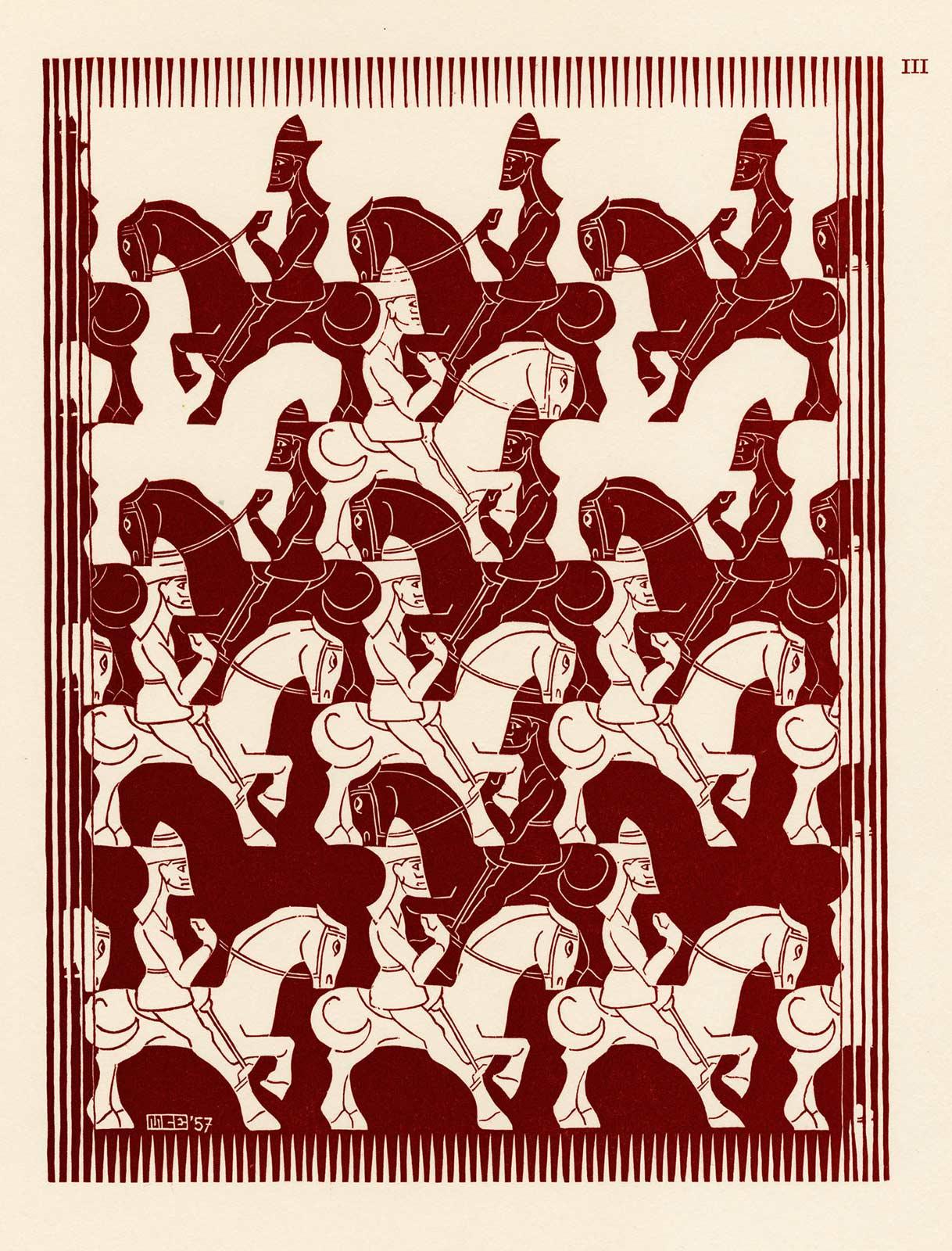 M.C. Escher, Regular Division of the Plane III, woodcut in red, May 1957
